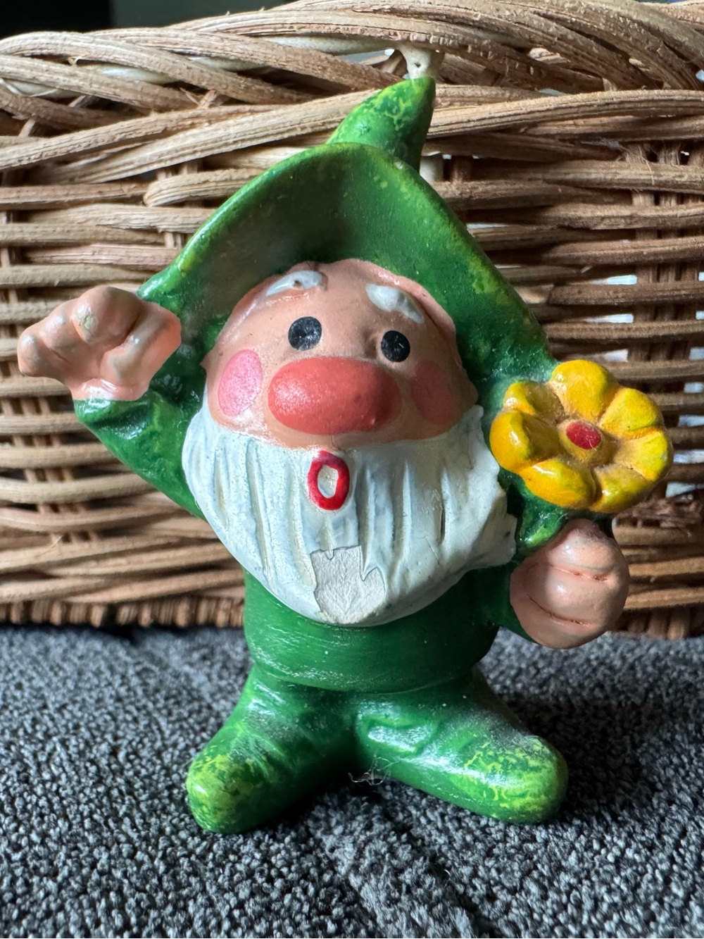 Vintage Napcoware Gnomes Figurine 2" Green Hat Flower Yellow Sticker